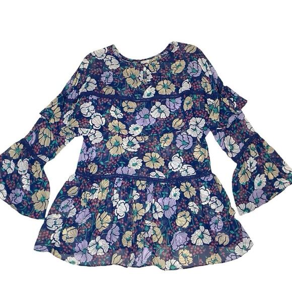 Mary & Mabel Floral Tunic Blouse Womens S Oversized Boho Chic Flowy Sheer Ruffle - Picture 3 of 10